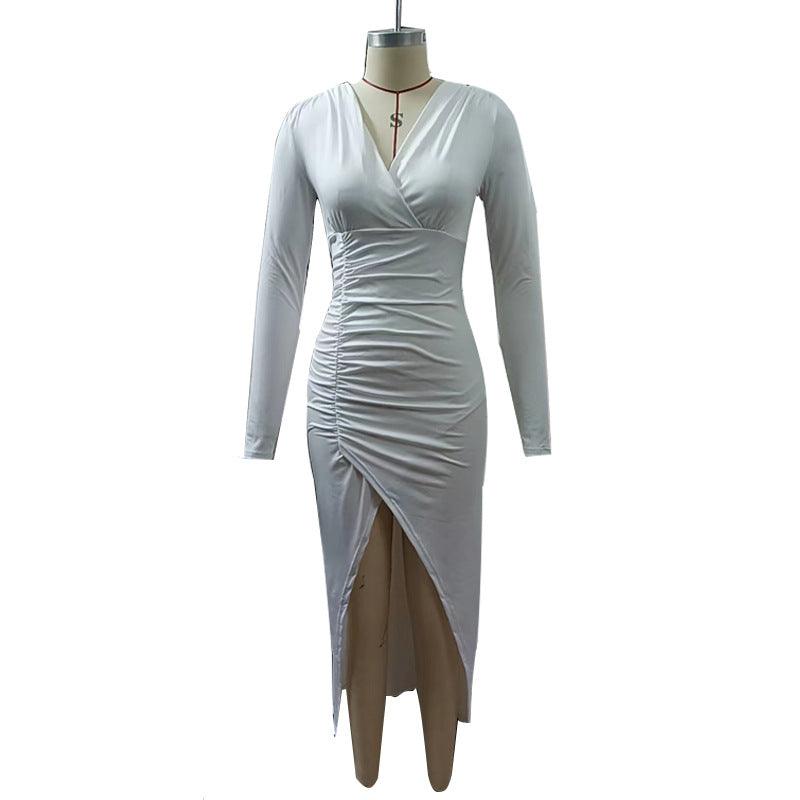 Vestido de Mulher em Cor Sólida com Pregas e Decote em V - O Retalho