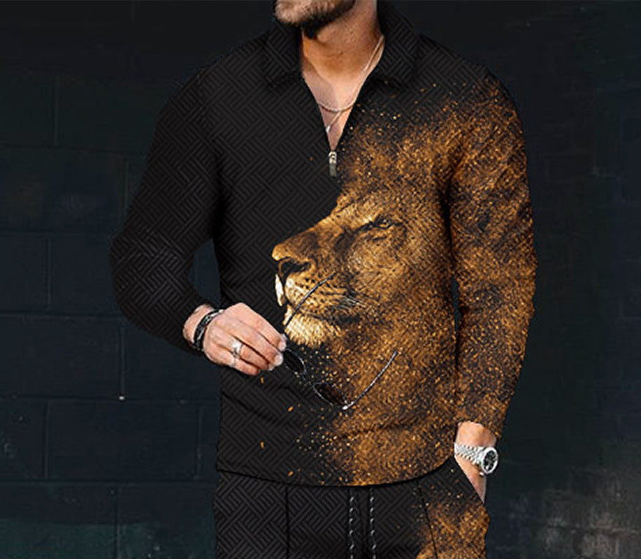 European And American Men's Printing Lapel Long Sleeve - O Retalho