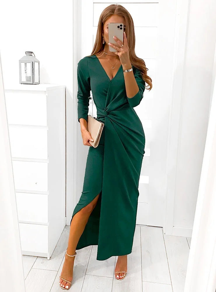 V-neck Long Sleeve Split Dress - O Retalho