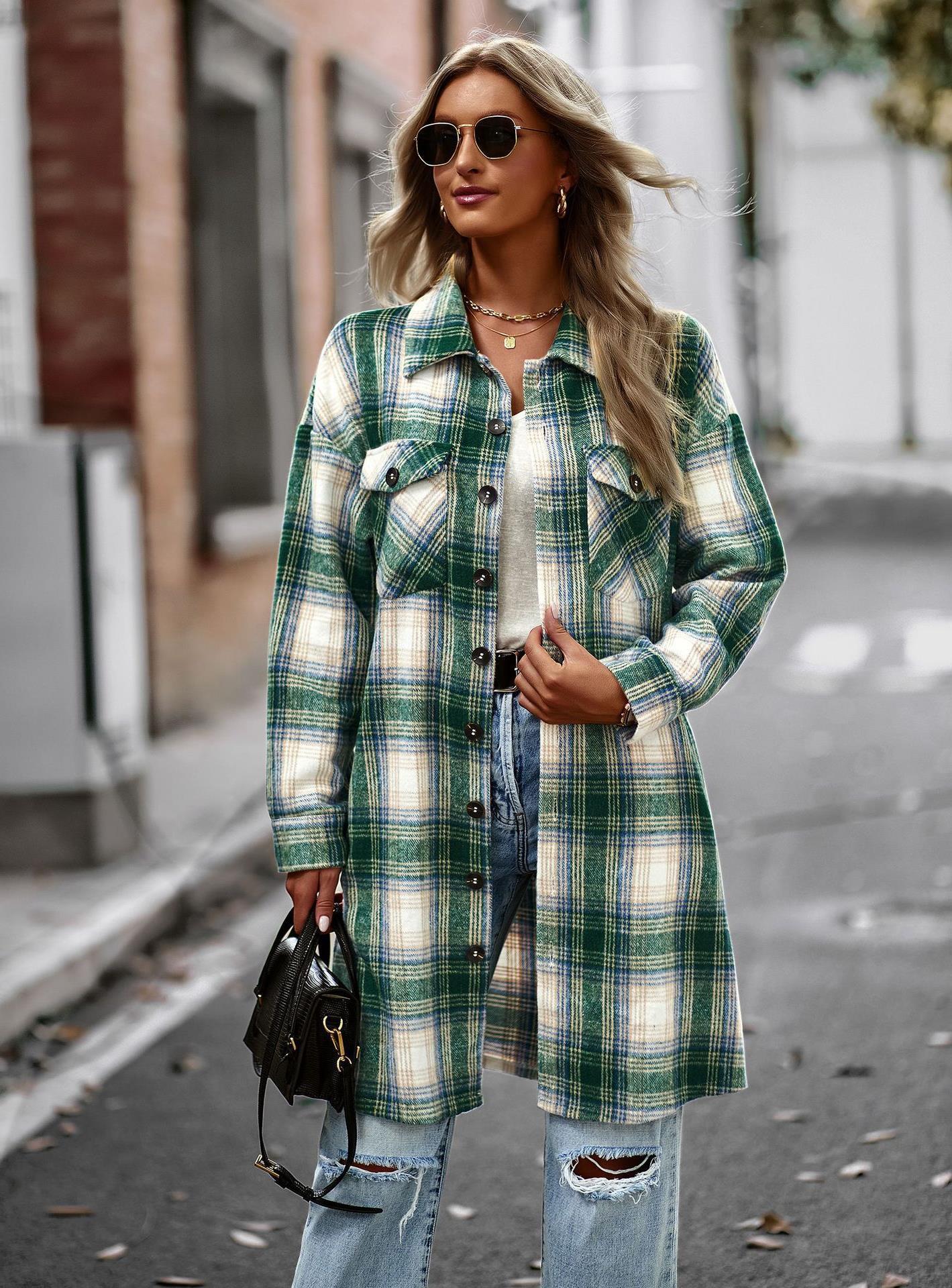 Temperament Leisure Long Plaid Tup Cardigan Coat - O Retalho
