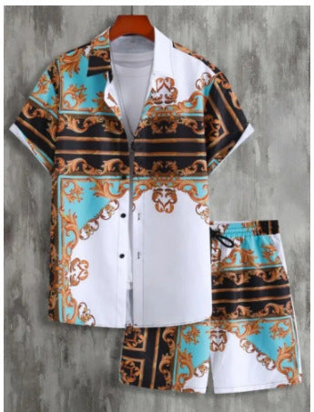 Camisa Masculina Casual Manga solta e curta com Shorts, Fato da praia - O Retalho
