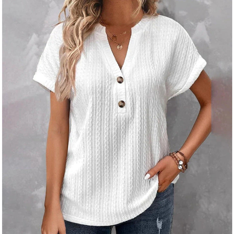 Camiseta Feminina Com Manga Batwing De Cor Sólida E Botão Com Decote Em V - O Retalho