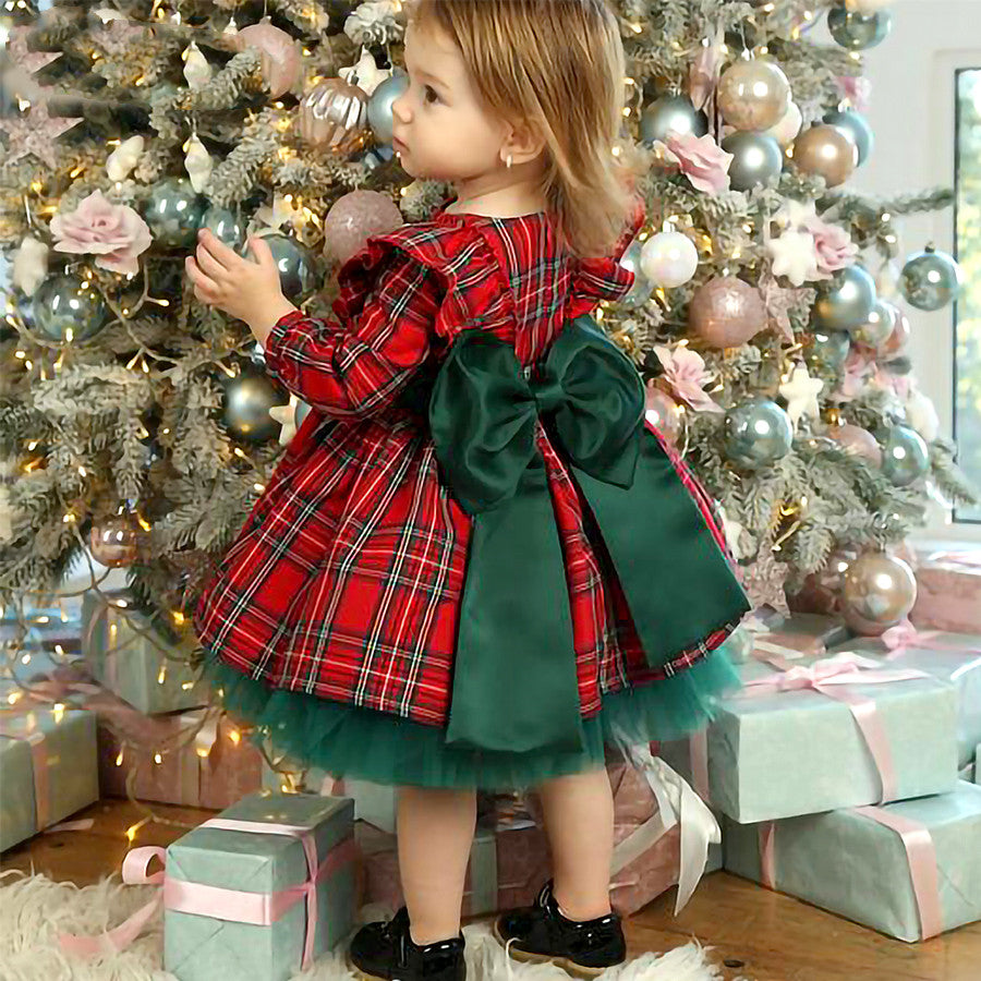 Vestido de Natal com laço xadrez vermelho para meninas - O Retalho