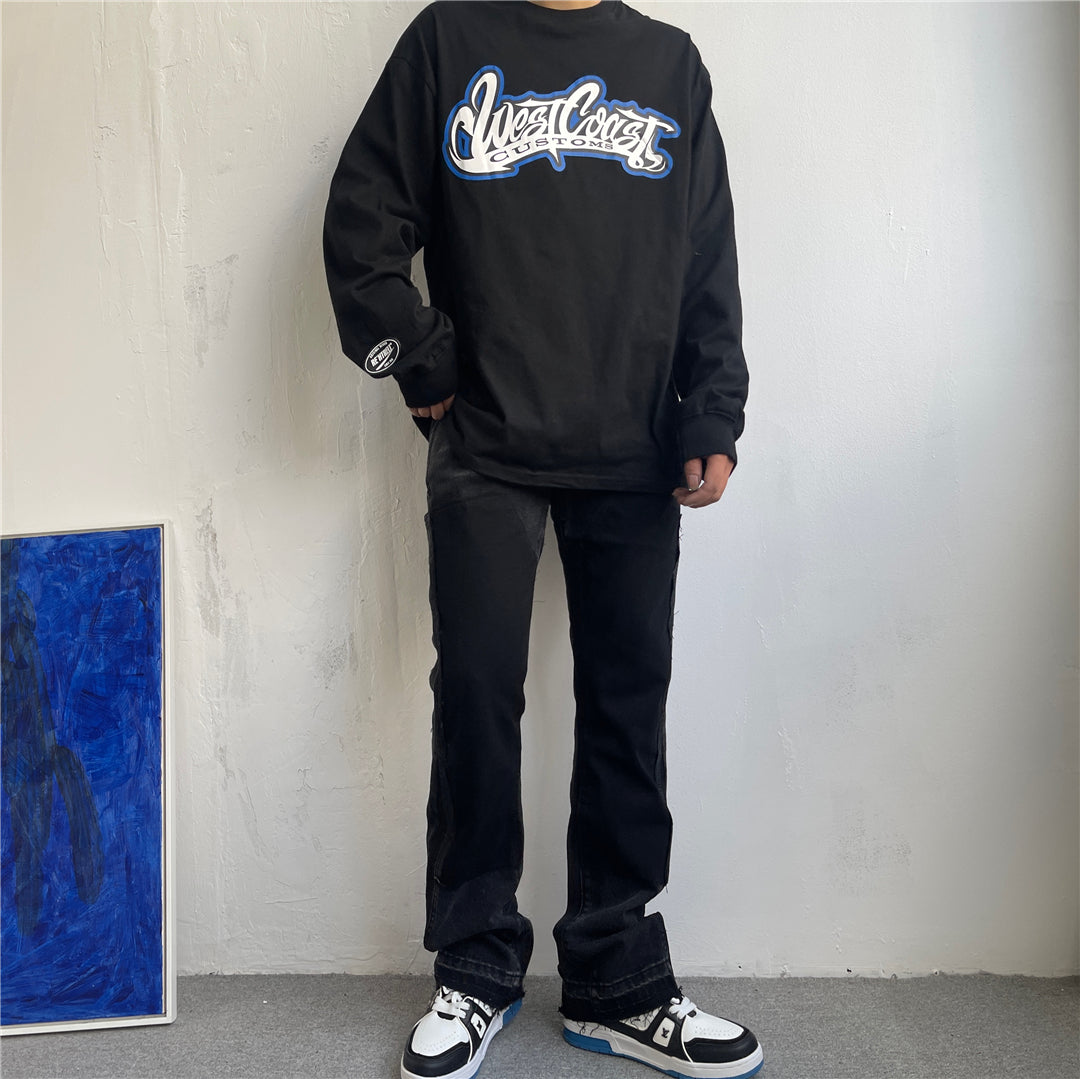 Calças Jeans com Patchwork Micro Flare e Barra Desfiada - O Retalho