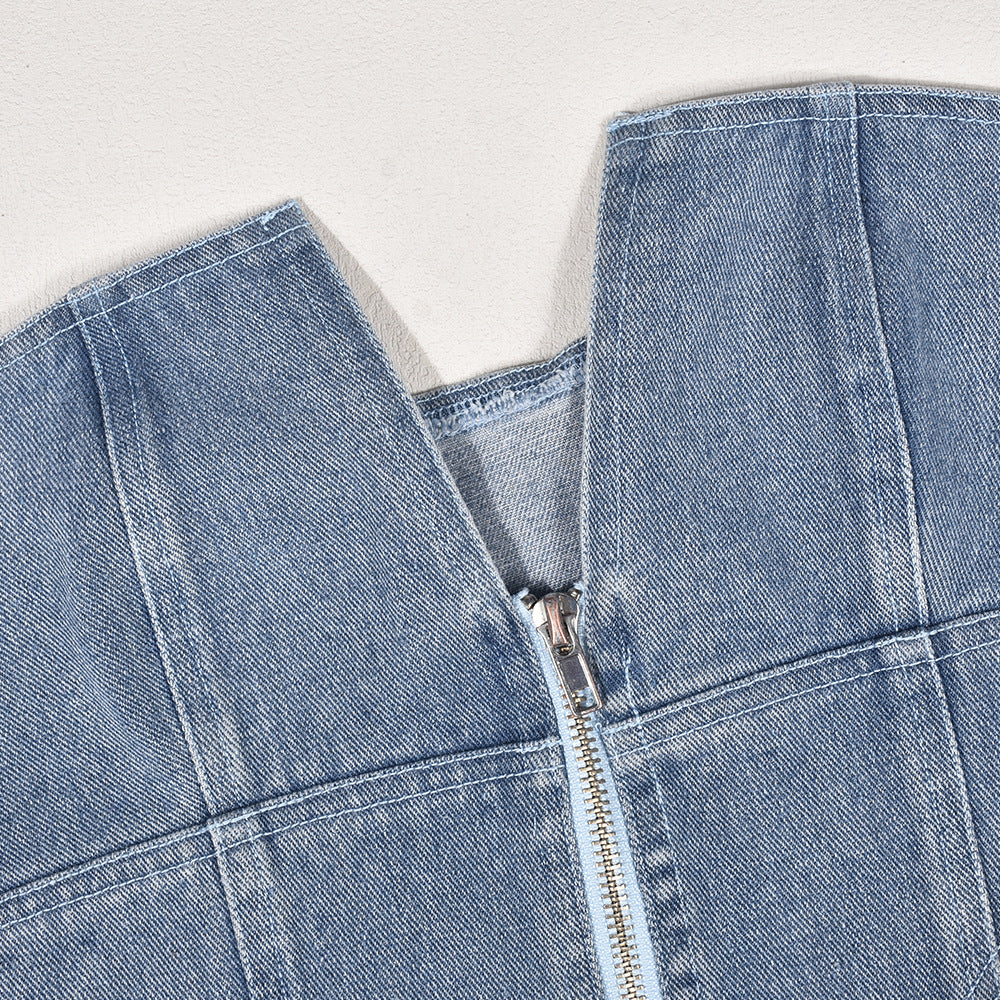 Top de tubo de jeans com zíper irregular - O Retalho