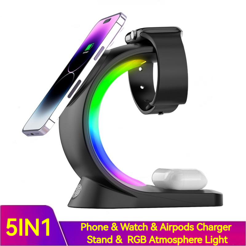 Carregador magnético 4 em 1 sem fio, carregamento rápido para smartphone, estação de carregamento com luz atmosférica para airpods pro, i-phone watch - O Retalho