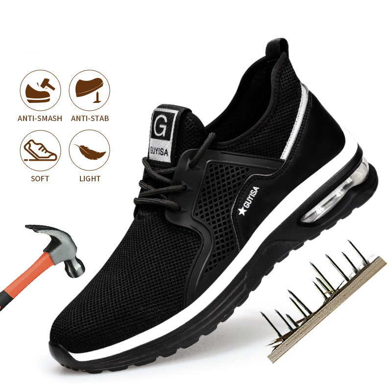 Tênis preto masculino, calçado de segurança leve e respirável para academia, viagem, trabalho, tênis casual de corrida - O Retalho