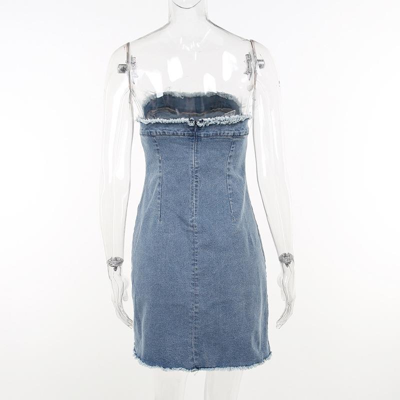 Ripped Wool Tops Denim Tube Top Wrapped Chest Sheath Dress - O Retalho