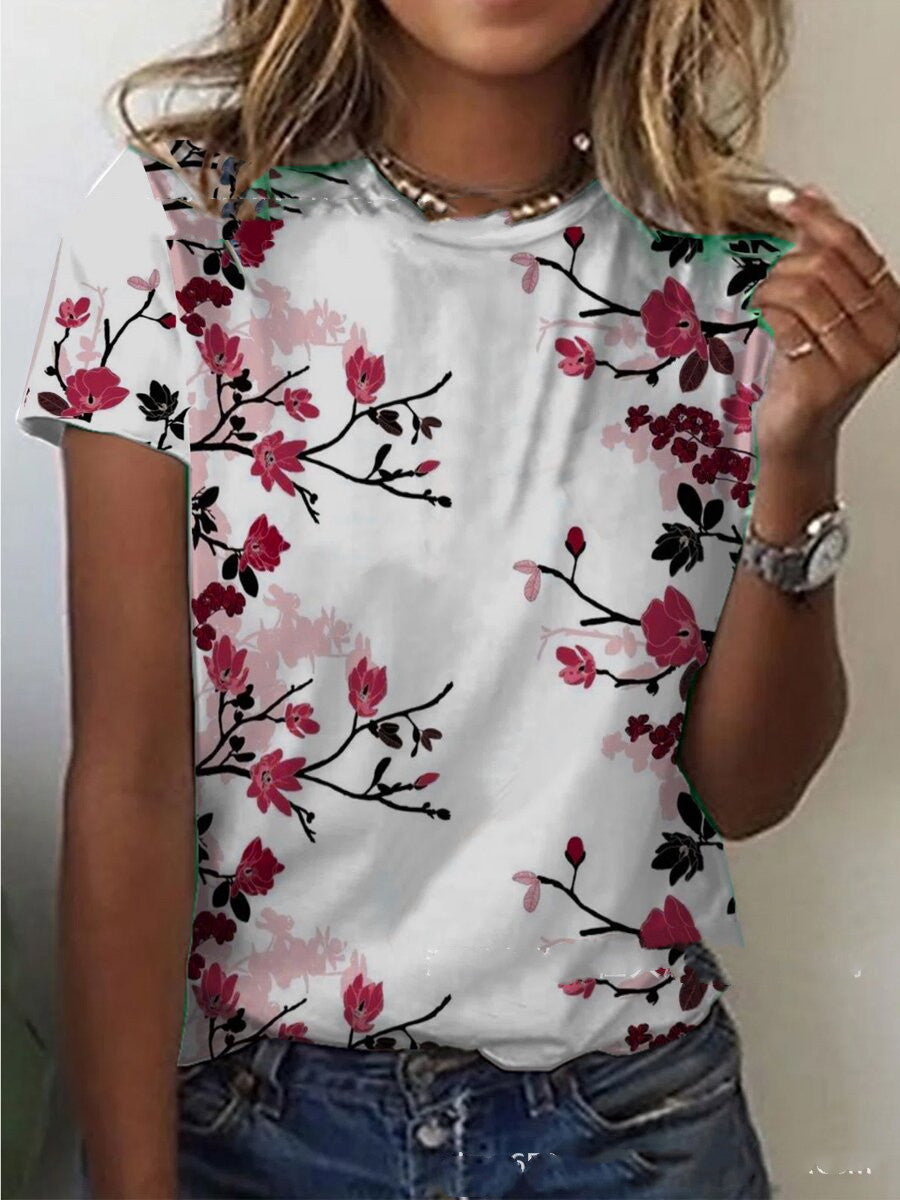 Blusa Feminina com Estampa Floral, Gola Redonda, Camiseta de Manga Curta - O Retalho