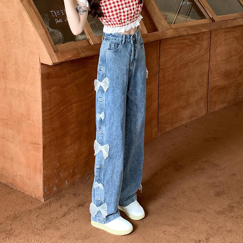 Calça Jeans Reta Solta com Laço na Cintura Alta - O Retalho