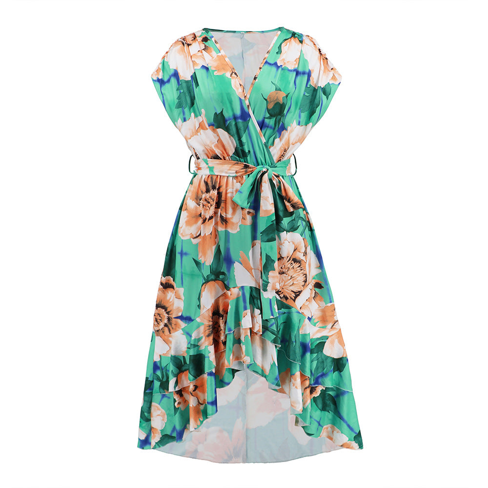 Vestido estampado com mangas curtas e decote em V - O Retalho