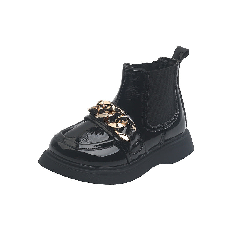 Botas infantis de couro brilhante e sola macia de metal - O Retalho