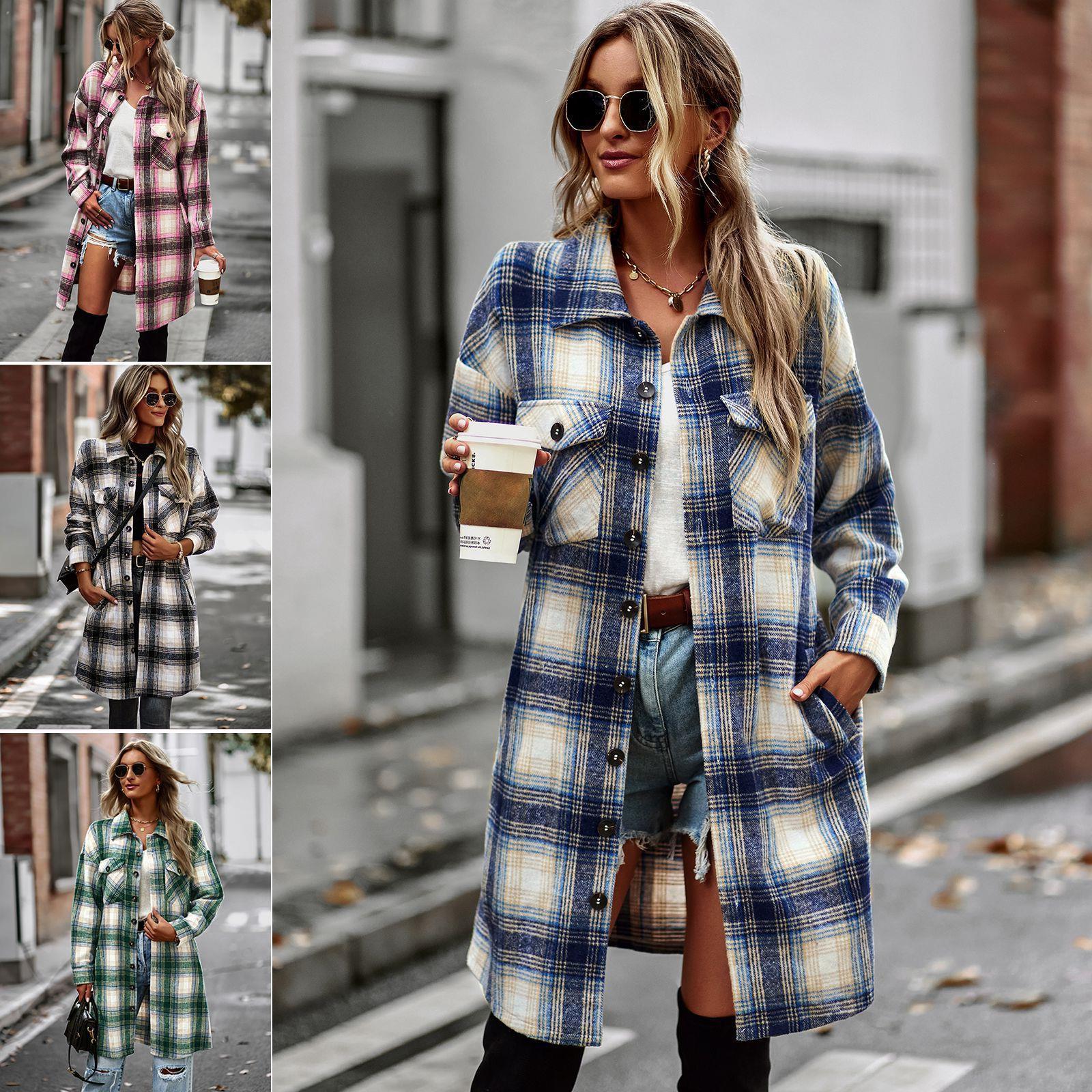 Temperament Leisure Long Plaid Tup Cardigan Coat - O Retalho