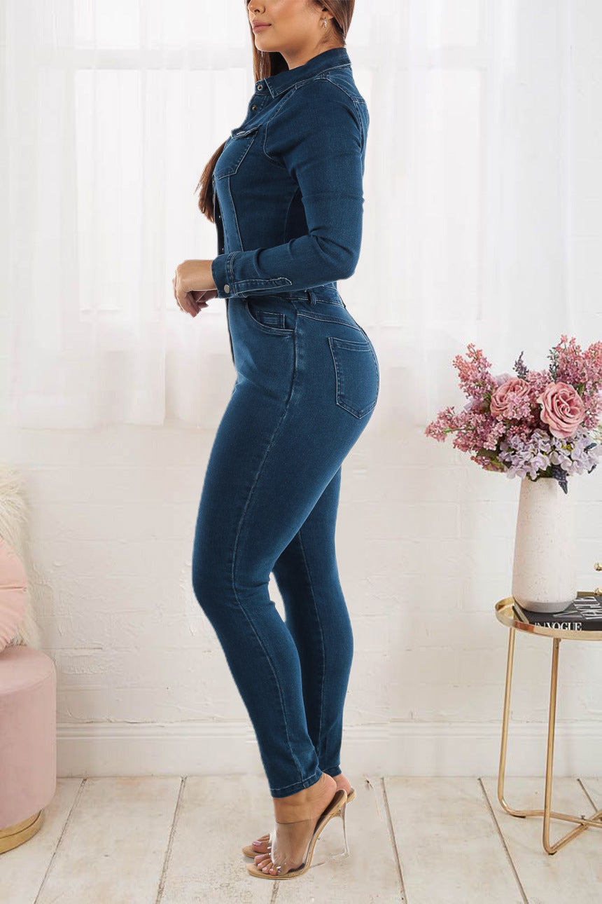 Macacão Jeans Azul escuro com Elástico nos Pés - O Retalho