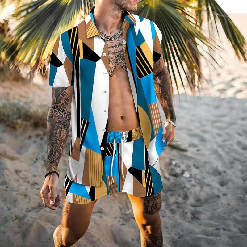Camisa Masculina Casual Manga solta e curta com Shorts, Fato da praia - O Retalho