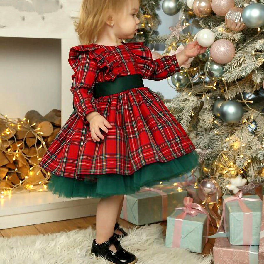 Vestido de Natal com laço xadrez vermelho para meninas - O Retalho