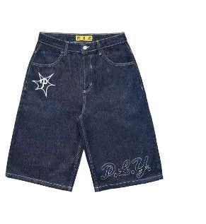 Shorts de ganga escuros para homem com bordado completo - O Retalho