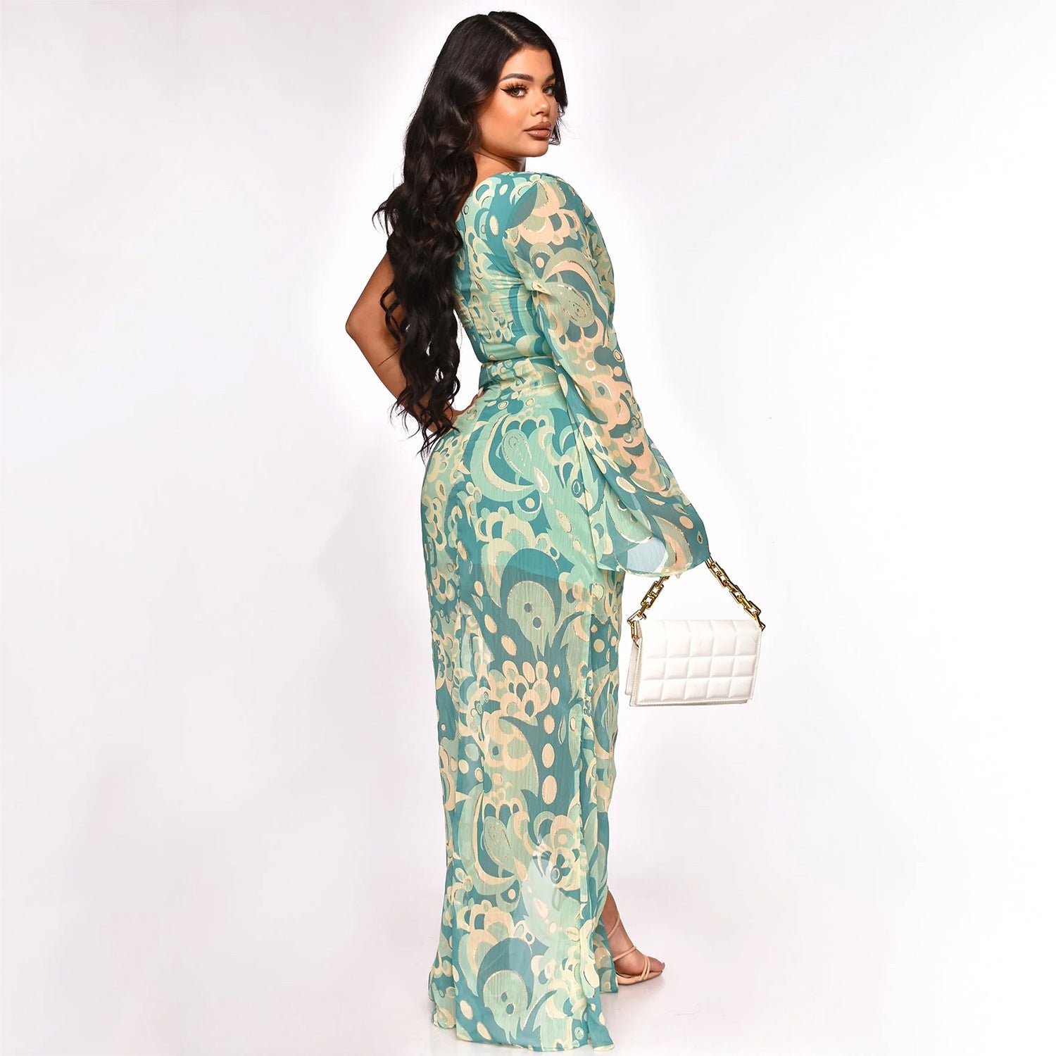 Vestido Irregular com Estampa de Um Ombro. - O Retalho