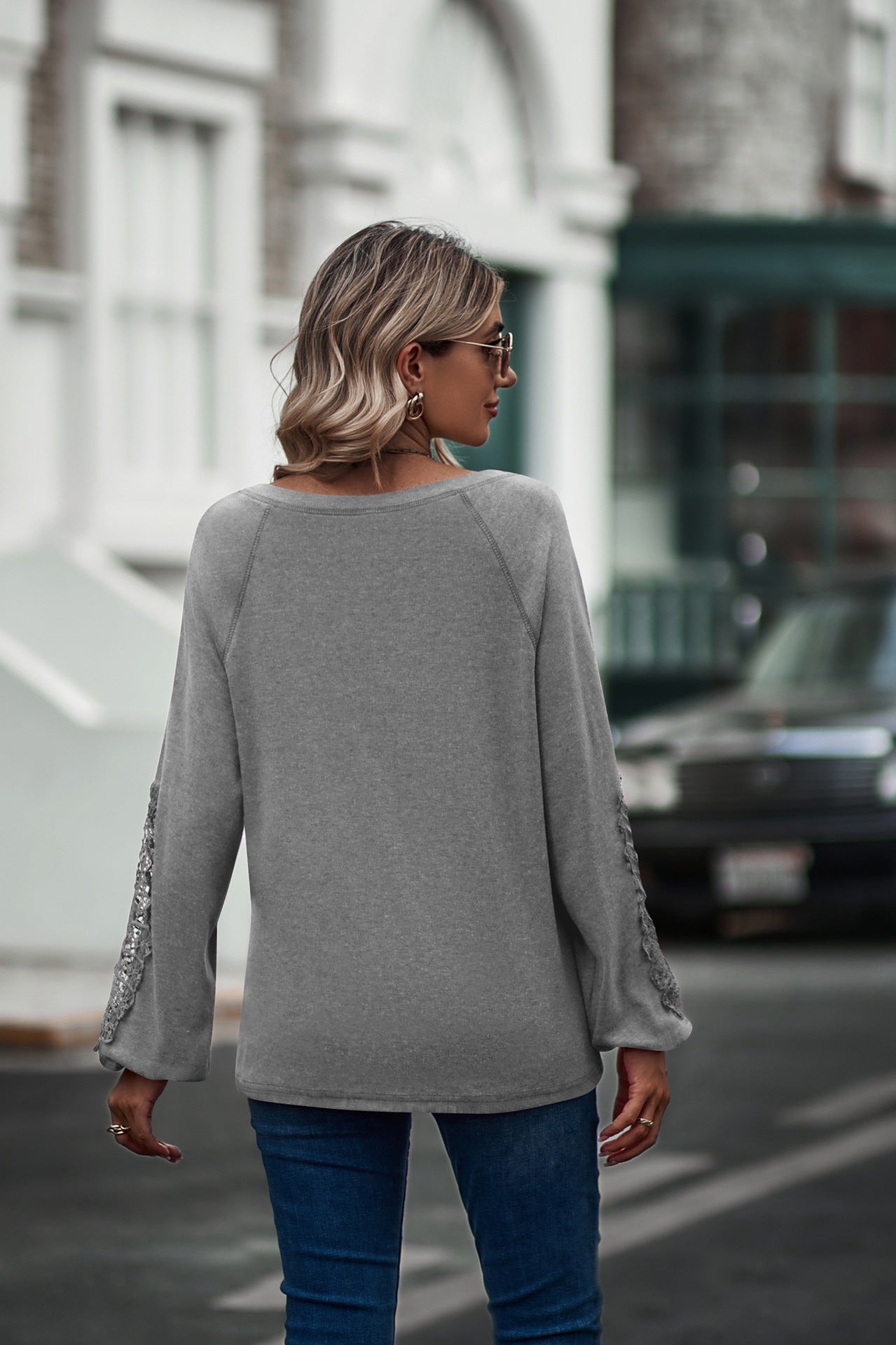 Loose Casual V-neck Lace Lace Long-sleeved - O Retalho