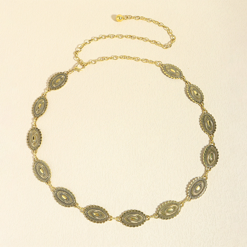 Retro National Style Carved Ancient Gold And Silver Metal Waist Chain Sexy Elegant Women's Dress Senior Sense Decorative Belt - O Retalho