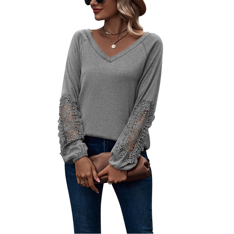 Loose Casual V-neck Lace Lace Long-sleeved - O Retalho