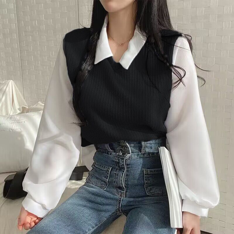 Patchwork Long Sleeve Loose Contrast Color And Versatile Top - O Retalho