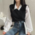 Patchwork Long Sleeve Loose Contrast Color And Versatile Top - O Retalho