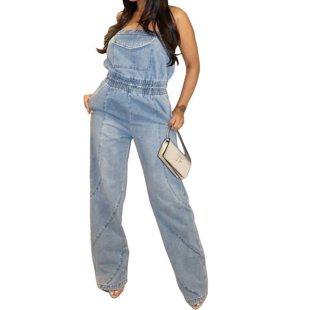 Macacão de Jeans com costas abertas e bolso - O Retalho