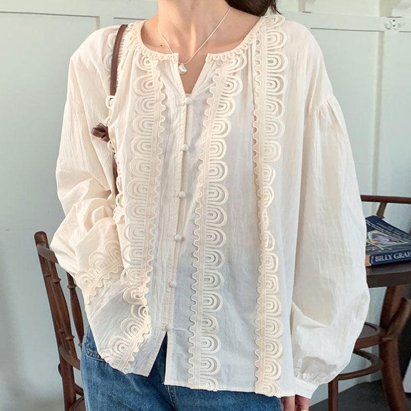 Camisa de Manga Comprida Gola Redonda Costura de Renda - O Retalho