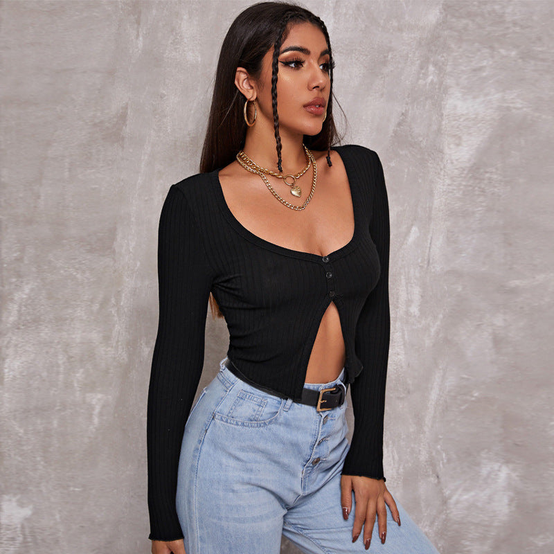 Long Sleeved Crop Cardigan Top Sexy Button Knit T-shirt - O Retalho