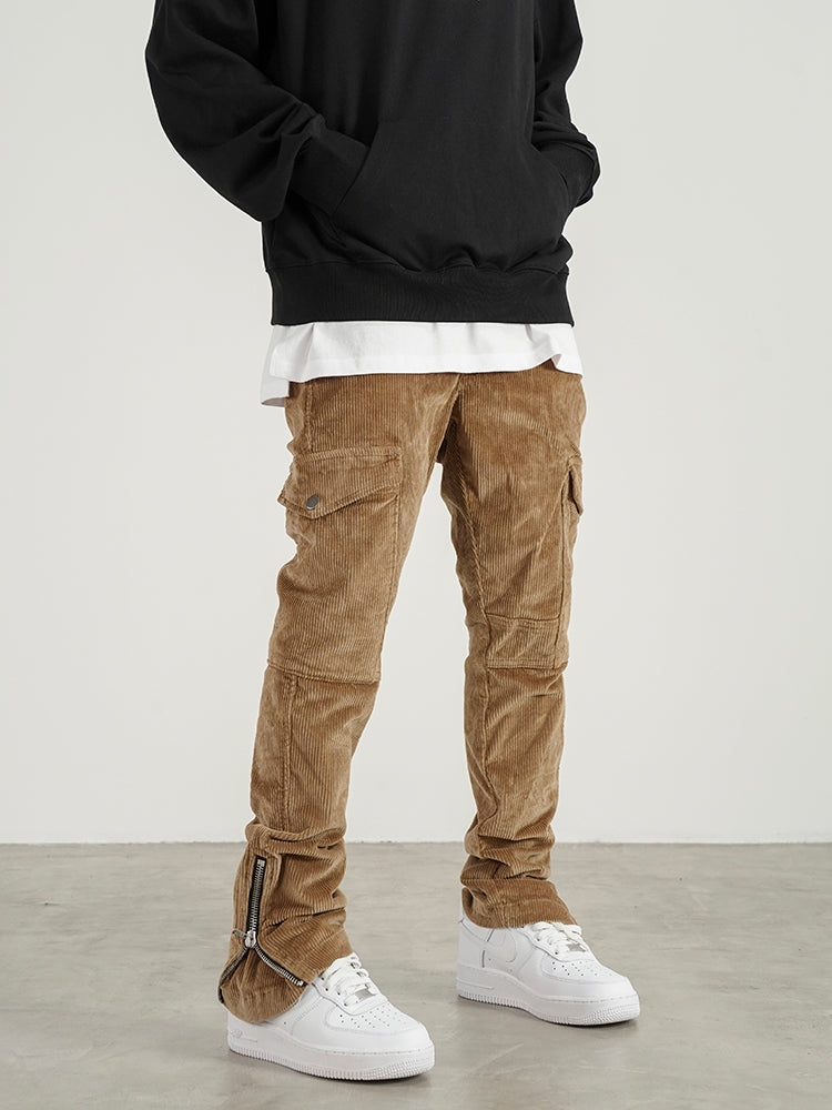 Calças Cargo Slim com Zíper em Corduroy, Estilo Retro Distressed High Street - O Retalho