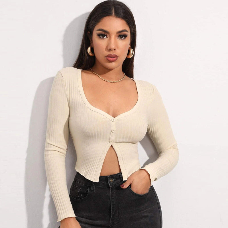 Long Sleeved Crop Cardigan Top Sexy Button Knit T-shirt - O Retalho