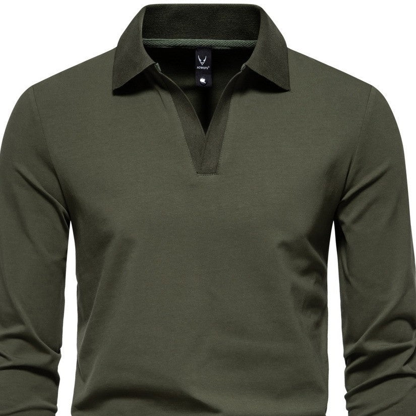 Camisa polo de manga comprida com lapelas retrô de cor sólida com fundo casual - O Retalho