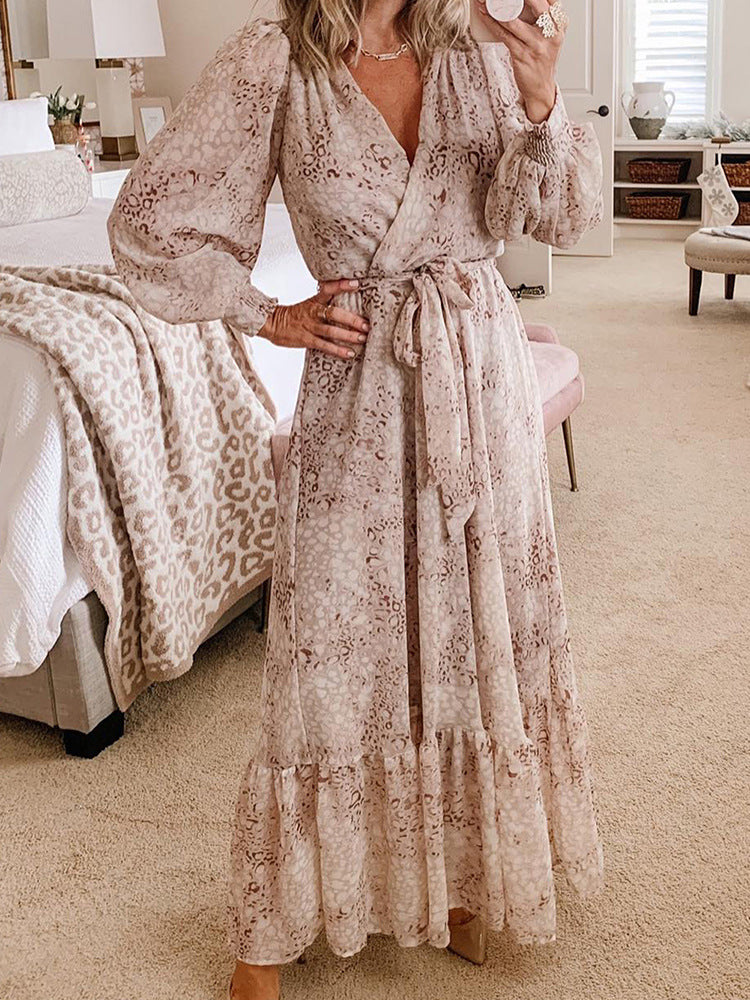 Leopard Print V Neck Long Sleeve Dress - O Retalho