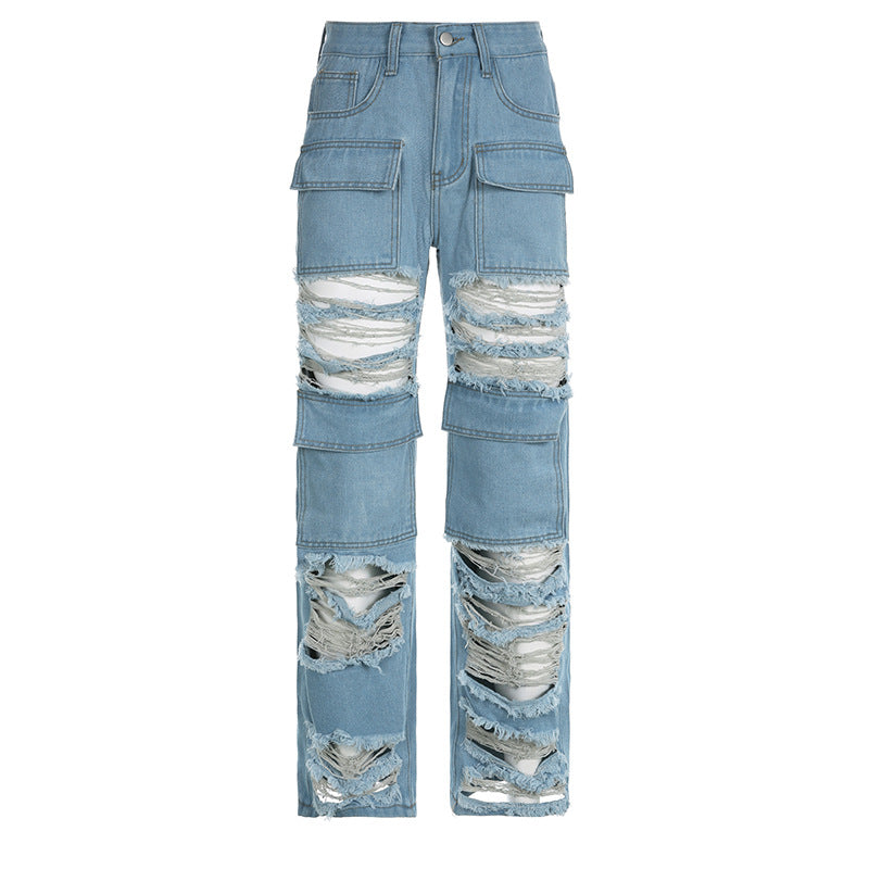 Jeans Rasgado Reto de Cintura Alta Feminino - O Retalho