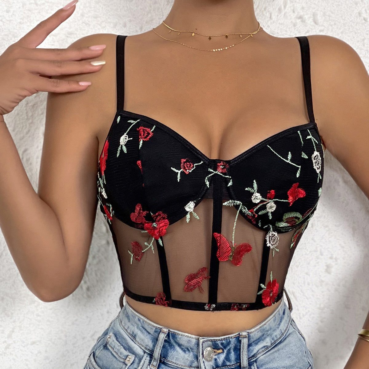 Crop top de renda com estampa floral bordado - O Retalho