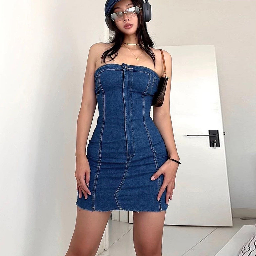 Sexy Slim-fit Tassel Washed Denim Tube Top Dress For Women - O Retalho