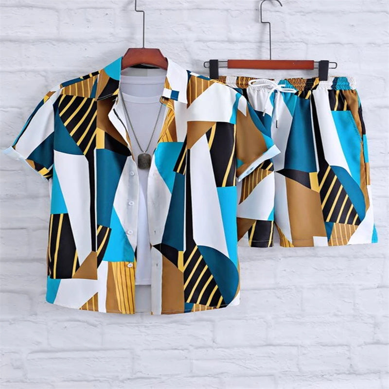 Camisa Masculina Casual Manga solta e curta com Shorts, Fato da praia - O Retalho