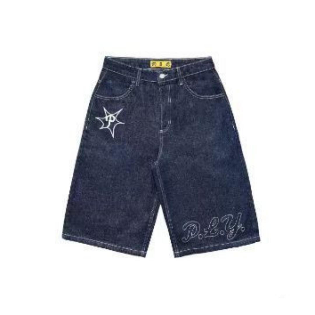 Shorts de ganga escuros para homem com bordado completo - O Retalho