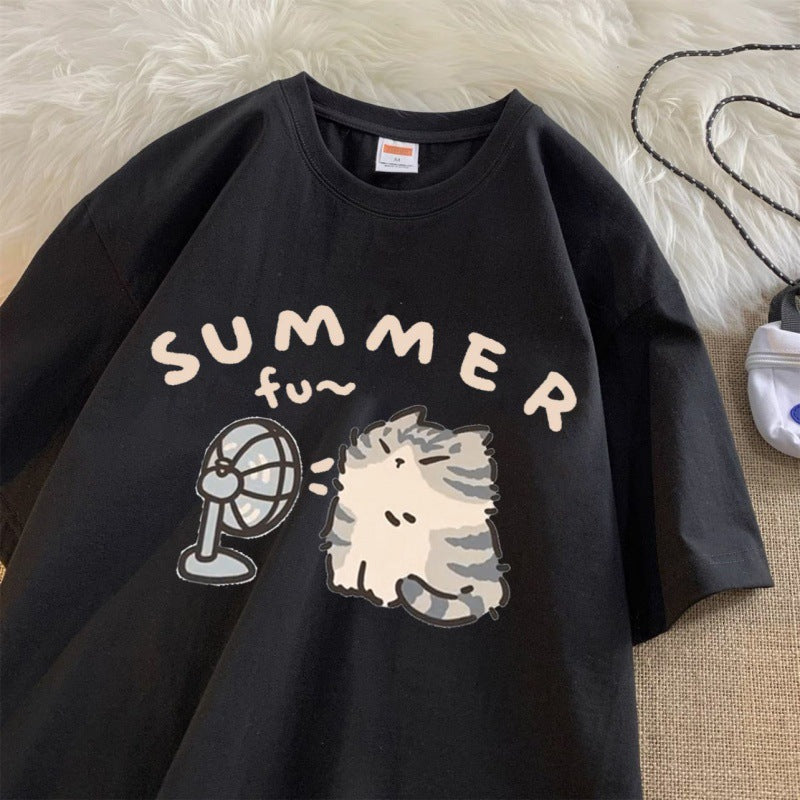 Women's Printed Hong Kong Style Half Sleeve Loose Cotton Short Sleeve - O Retalho