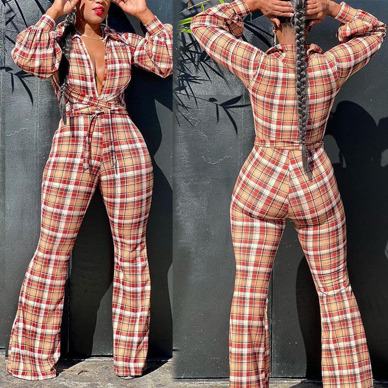 Macacão feminino estampado xadrez de mangas longas. - O Retalho