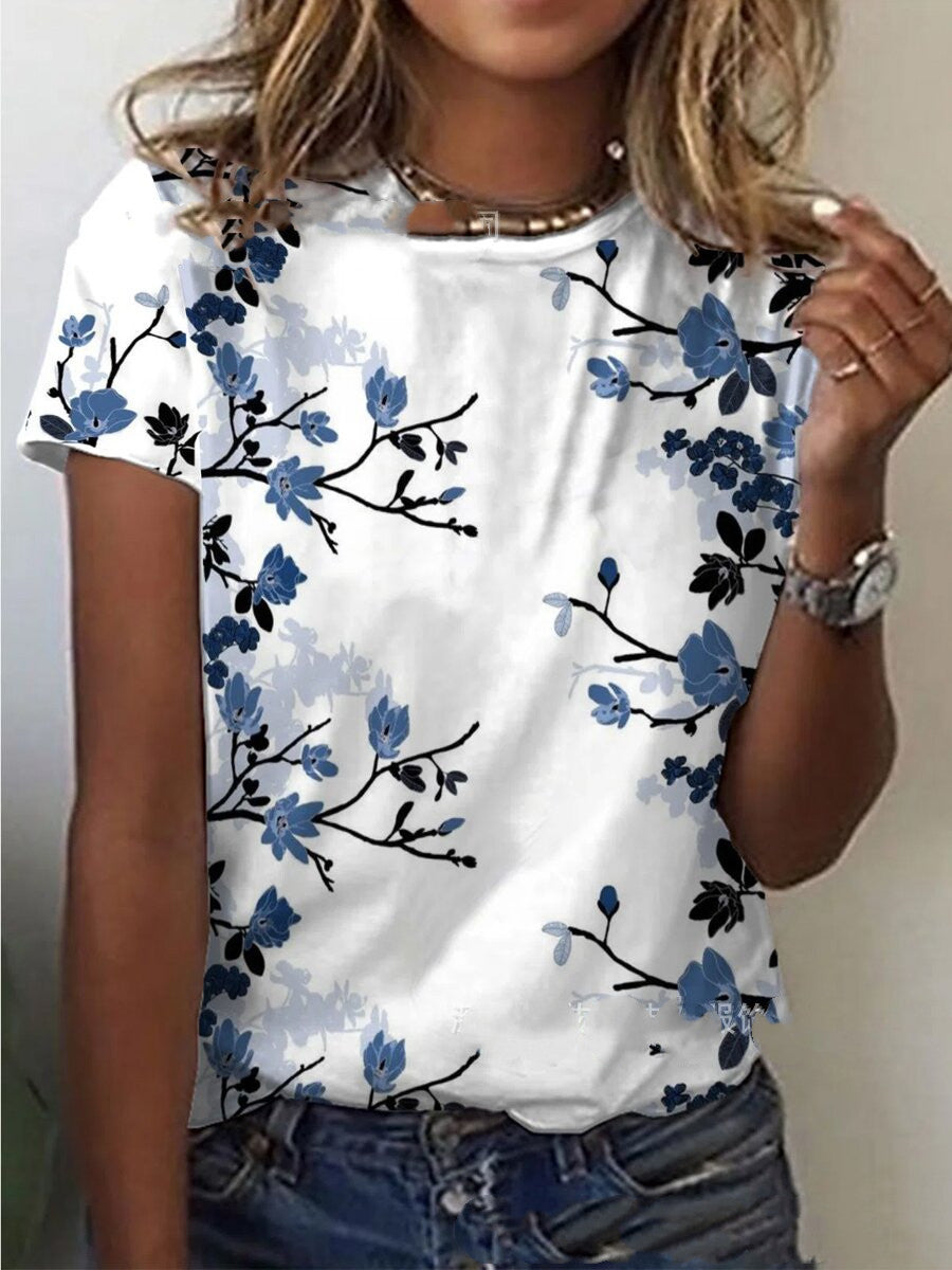 Blusa Feminina com Estampa Floral, Gola Redonda, Camiseta de Manga Curta - O Retalho