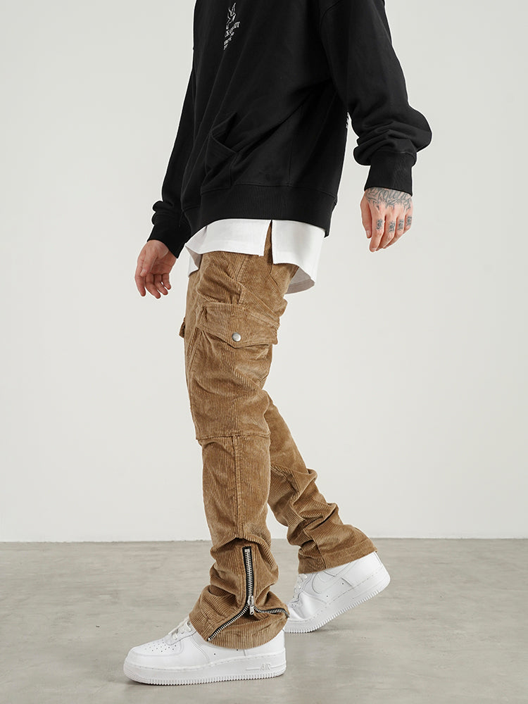 Calças Cargo Slim com Zíper em Corduroy, Estilo Retro Distressed High Street - O Retalho