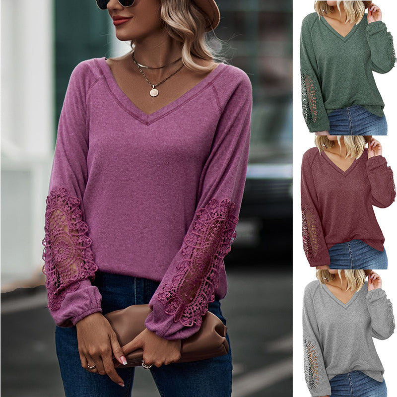 Loose Casual V-neck Lace Lace Long-sleeved - O Retalho