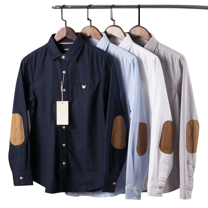 Elbow Patch Long Sleeve Shirt Men's Lapel Japanese-style Retro - O Retalho