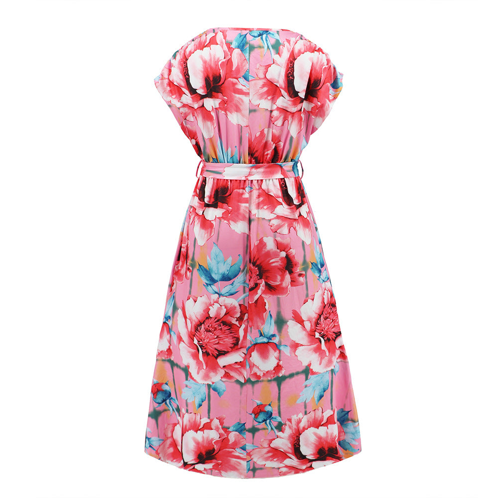 Vestido estampado com mangas curtas e decote em V - O Retalho
