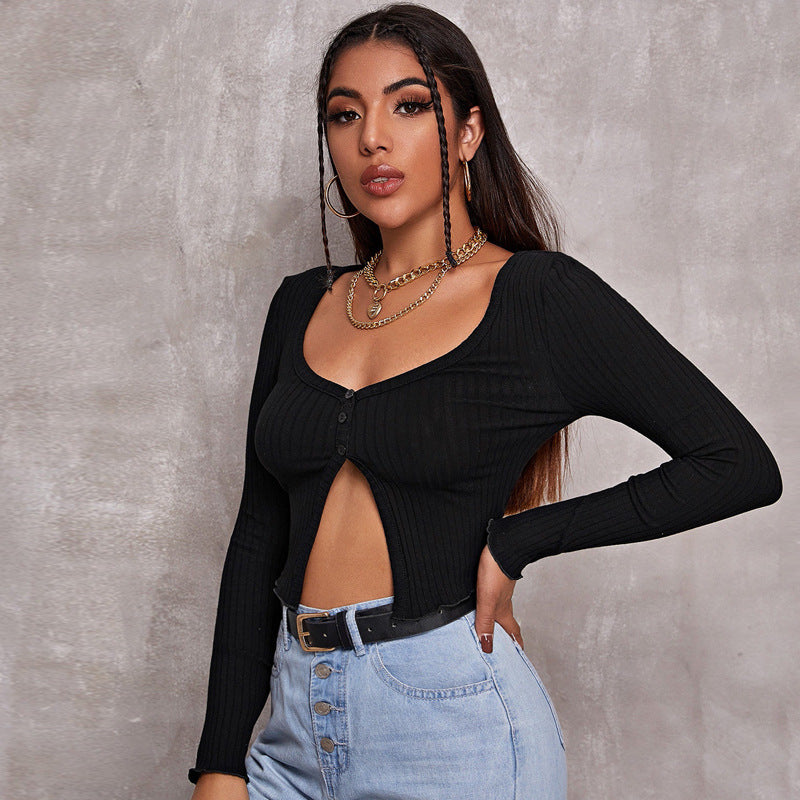 Long Sleeved Crop Cardigan Top Sexy Button Knit T-shirt - O Retalho