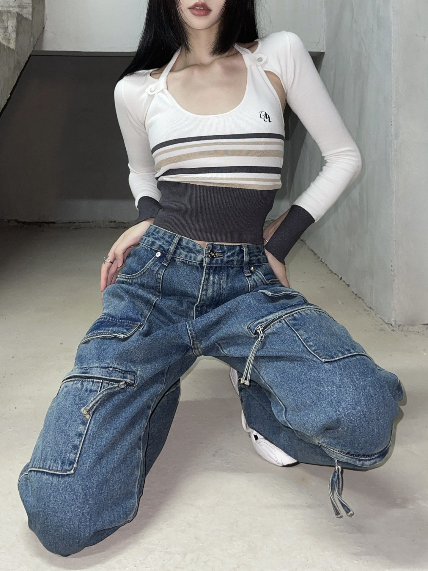 Calças jeans de perna reta com bolso de carga - O Retalho