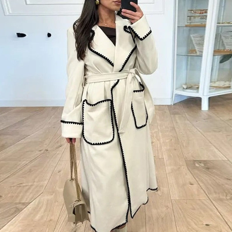 Women's Fashionable Warm Long-sleeved Lapel Woolen Lace-up Coat - O Retalho