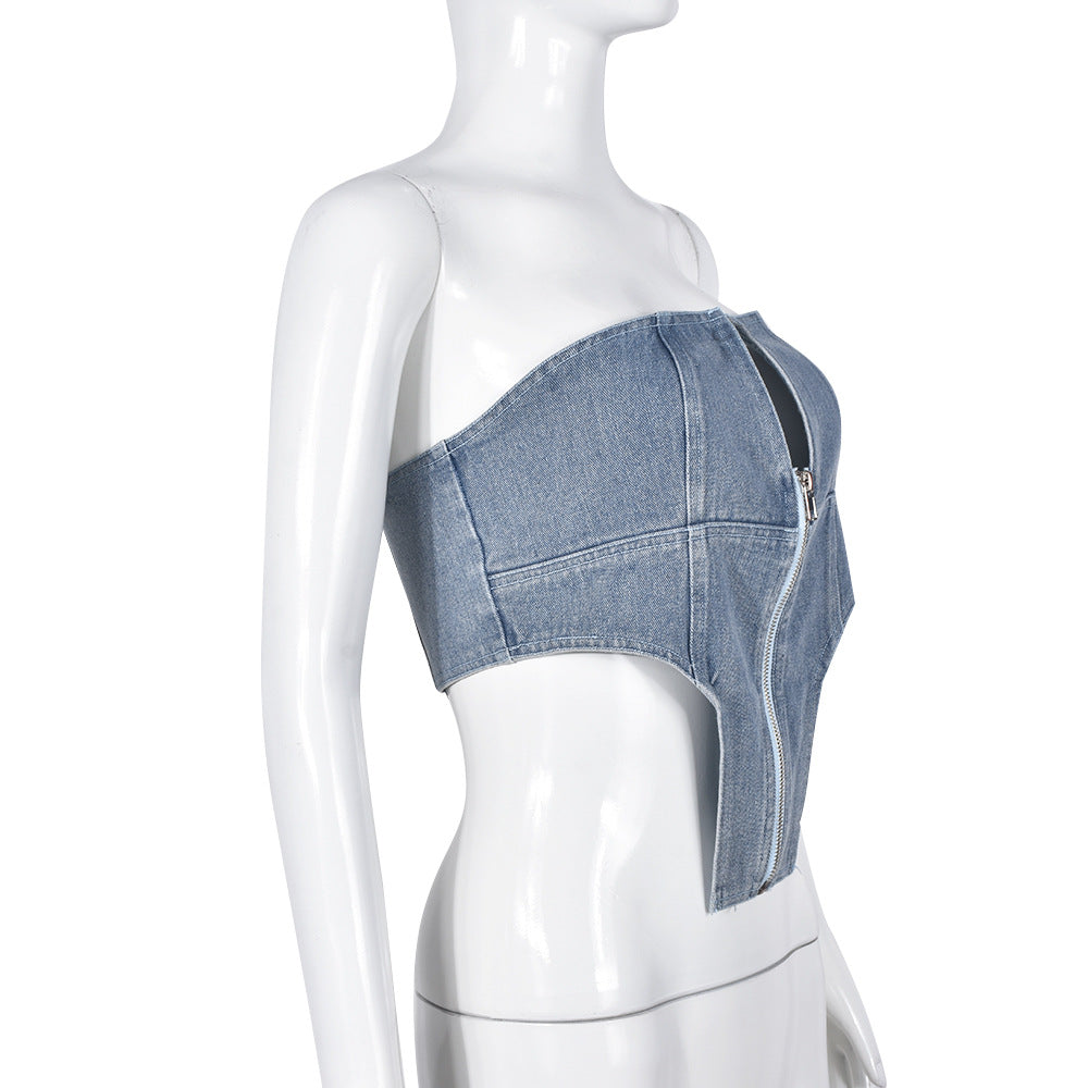 Top de tubo de jeans com zíper irregular - O Retalho